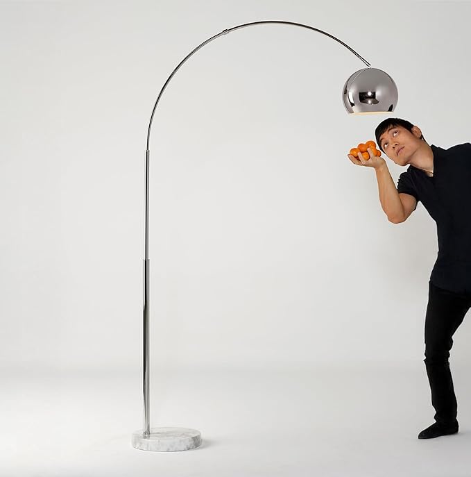 Brightech Olivia Floor Lamp - Chic Arc Lamp with Rounded Spolight Head and Marble Base for Living Room, Tall Standing Lamp with LED Light Bulb for Bedroom Reading, Boho Home Decor for Office - Chrome