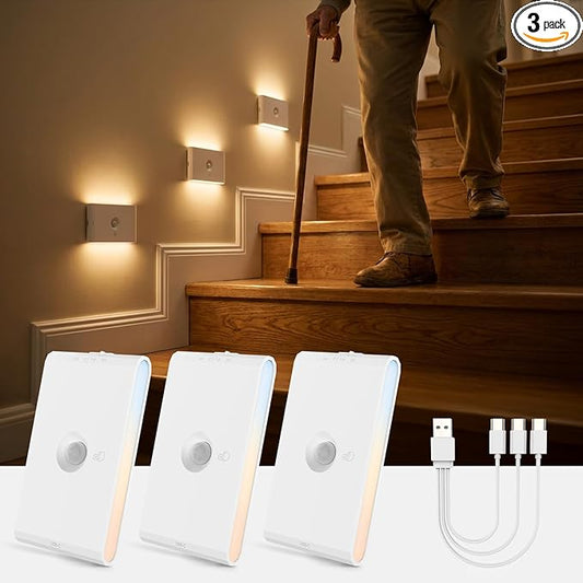 wowatt Rechargeable Motion Sensor Night Light, White Automatic Lights with Magnetic Mount, Dimmable Stair Lights Indoor for Stairway, Hallway, Kitchen, Bathroom(3 Packs)