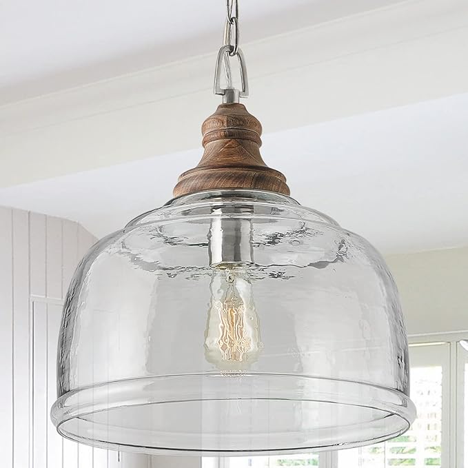 Capital Lighting 330318GY Julian Coastal Style Clear Organic Rippled Glass Pendant with Handcrafted Mango Wood Finial, 1-Light 60 Watt, 16" H x 14" W, Grey Wash