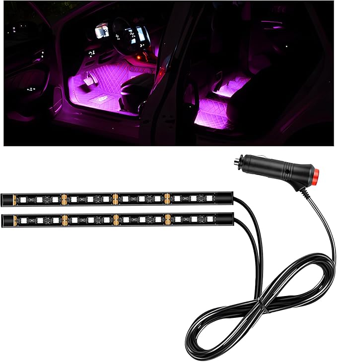 Car LED Strip Light, 12V 24 LEDs Auto Interior Atmosphere Lamp with Cigarette Adapter Plug, Vehicle Under Dash Ambient Neon Night Light Decorative Strip, Car Accessories (Pink Purple)
