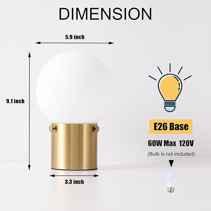 Gold Table Lamp for Nightstand with Frosted Glass Globe Lamp Shade, Mid Century Modern Bedside Lamp with Gold Metal Base, Small Nightstand Lamp Side Table Lamp for Bedroom Living Room Entryway