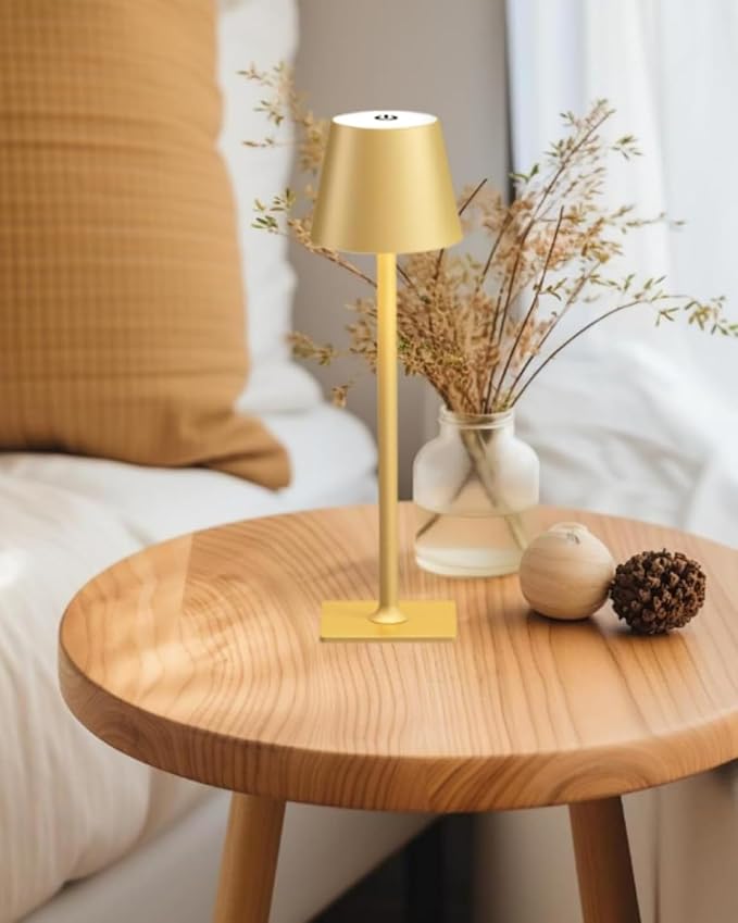 Cordless Table Lamp, 6000mAh Battery Operated, 250LM Adjustable Brightness IP65 Height Adjustable - Set of 2 Gold Wireless Lamps for Restaurant Patio Bedside Outdoor Cafe & Home Decor