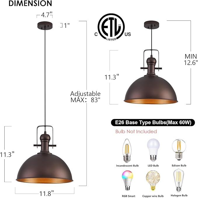 12 Inch Oil Rubbed Bronze Farmhouse Pendant Lights Large Pendant Lights for Kitchen Island Industrial Adjustable Height Vintage Big Dome Hanging Light Fixtures for Barn, Dining Room 2 Packs