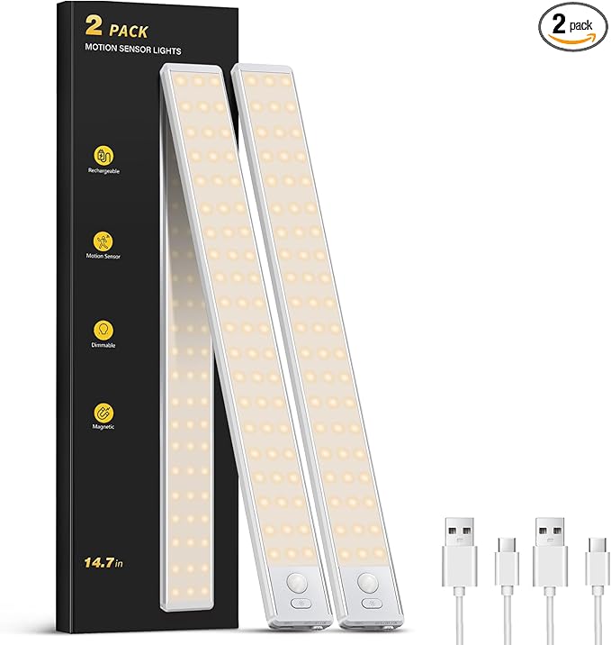 Under Cabinet Lighting - 14.7" Motion Sensor Light Indoor, Magnetic Wireless Closet Lights, Dimmable Led Night Light, Rechargeable Under Counter Lights for Kitchen, Bedroom, Stair, 2 Pack