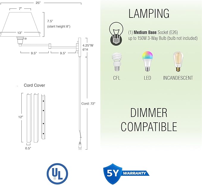Kira Home Cambridge 15" Swing Arm Wall Lamp - Plug in/Wall Mount + Golden Bronze Fabric Shade, 150W 3-Way, Black Finish, 2-Pack