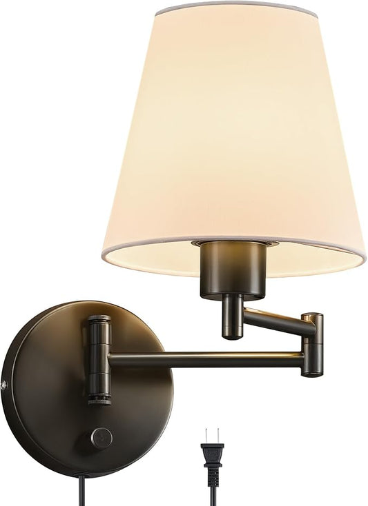 VONLUCE Modern Swing Arm Wall Mount Light Plug in, Corded Wall Lamps with White Fabric Shade, Black Metal Adjustable Wall Sconce, Wall Mount Lamp for Bedroom, Living Room, Bedside
