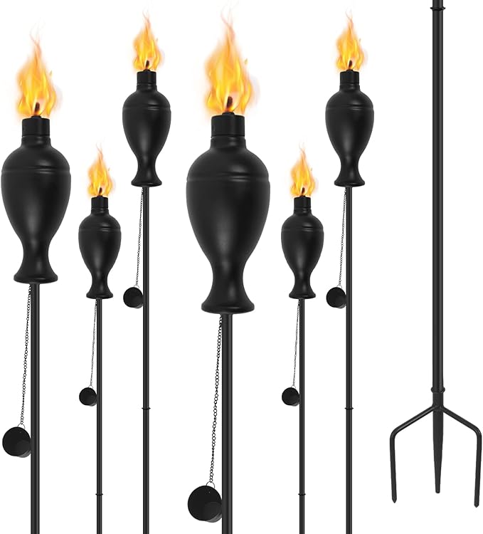 6 Pack Metal Torches for Outside, Upgraded Metal Torches with 3-Prong Grounded Stake, Extra-Large 58-Inch Citronella Torches for Party Patio Pathway (More Stable)