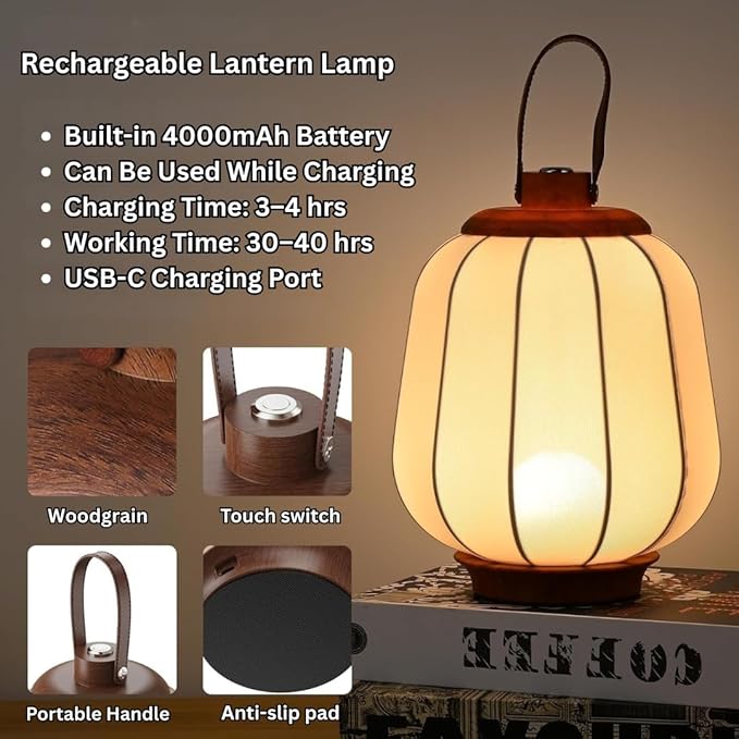 Cordless Rechargeable Lanterns Table Lamp - LED Outdoor Light,4000 mAh Battery Operated,3 Color Dimming Touch Desk Lamps with Handle for Bedroom/Living Room/Restaurant/Camping
