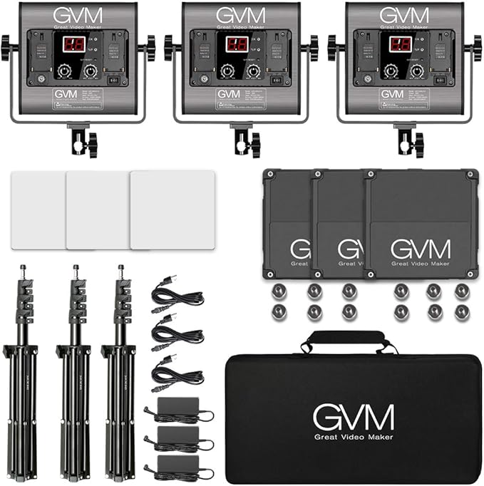 GVM 3 Pack LED Video Lighting Kits, Bi-Color Variable 2300K~6800K with Digital Display, 10~100% Brightness, CRI97+ TLCI97 Led Video Light Panel, Barndoor, App Control