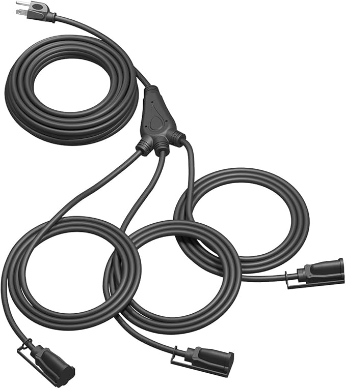 28Ft Outdoor Extension Cord, 1 to 3 Splitter Heavy Duty Weatherproof Power Cord, 16/3 SJTW, 3 Grounded Outlets Flat Plug for Patio, Garden, Halloween Displays, Christmas Lights ﻿