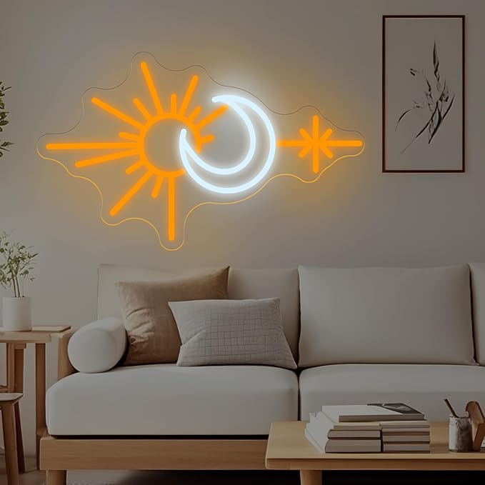 Sun and Moon Neon Sign, Boho Celestial LED Wall Light for Bedroom or Living Room, Spiritual Decor for Women and Teens, Nature-Inspired Neon Wall Art Gift