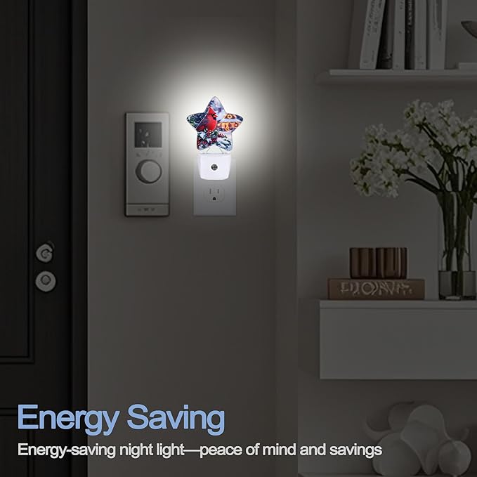 Winter Red Cardinal Dusk to Dawn Star Night Light,Christmas Tree Smart Sensor Nightlight for Bedroom Kitchen Hallway Stairs,Plug-in Energy Efficient Decor Desk Lamp Women Men Gifts