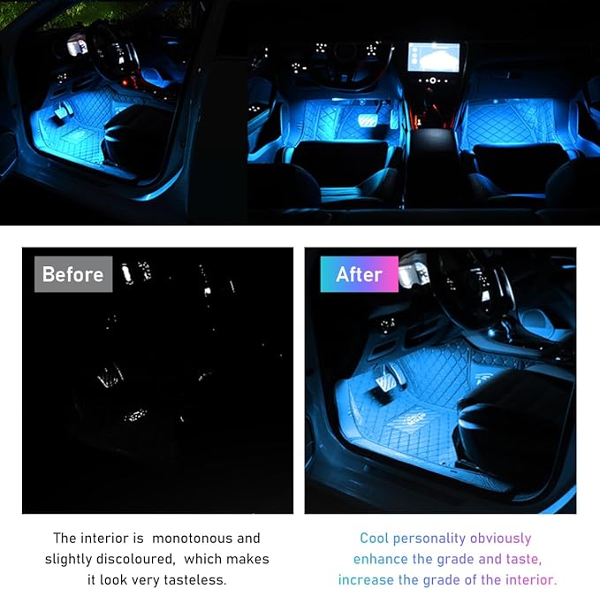 Car LED Strip Light, 48 LED RGB Auto Interior Atmosphere Lights, Cigarette Lighter Under Dash Ambient Night Light, Interior Lamp Lighting Kit (Ice Blue, Cigarette Lighter)