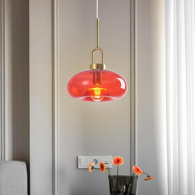 Red Glass Pendant Lights Kitchen Island Gold Pendant Light Fixtures Adjustable Height Modern Pendant Lighting for Bedroom Dining Room (1-Pack)
