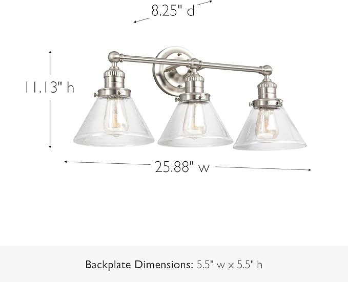 Design House Augustin Vanity Light, 3-Light, Seeded Glass Warm Glow, Dimmable, Up/Down Glow, Easy Installation, E26 Socket, Satin Nickel, 25.9 in L x 8.3 in D x 11.1 in H, 589036-SN