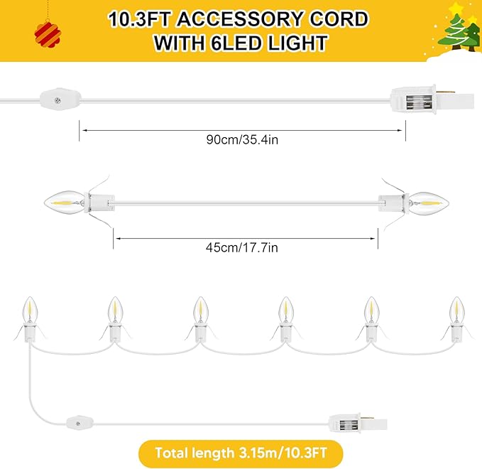 1Pack Accessory Cord with 6LED Light Bulbs Christmas Village Lights 10.3FT Blow Mold Light Cord with Spare Fuse Warm White C7 Lamp Christmas Villages Accessories for Village Houses Craft Pumpkin Decor