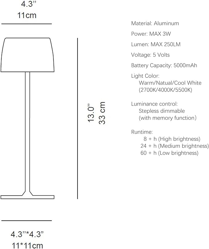Rechargeable Cordless Table Lamp — Waterproof IP54, Portable Indoor Outdoor Lights for Restaurant/Patio/Bar (Black)