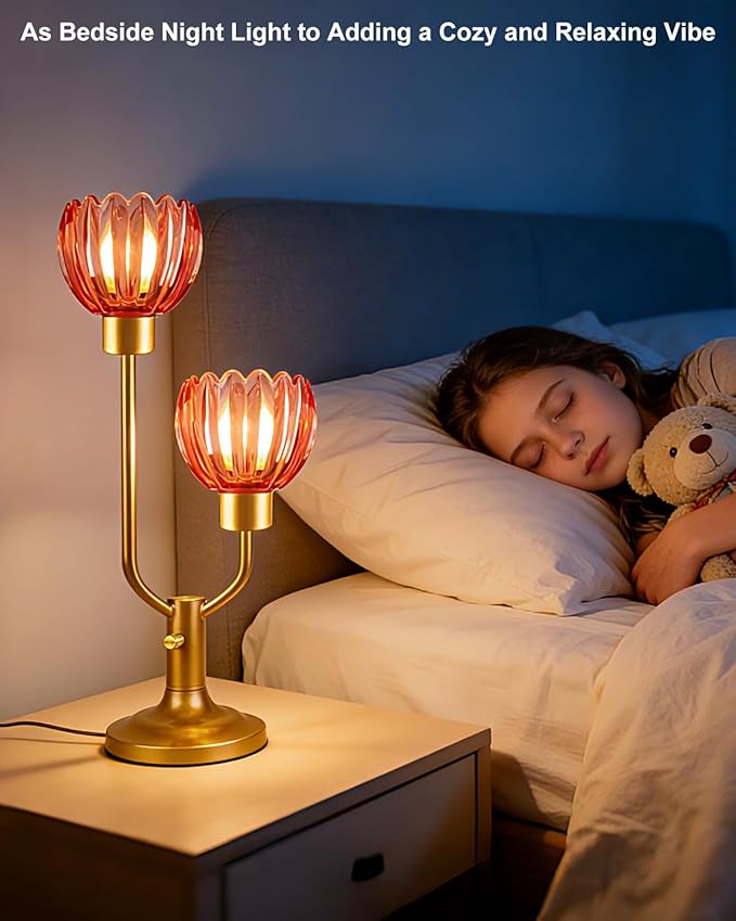 Lightdot Mid Century Modern Glass Table Lamp Gold Dimmable U-Shaped Desk Lamps with Deep Red Glass Shade& 2Pcs 3000K Warmwhite Bulbs Included Bedside Nightstand Lamp for Living Room Bedroom