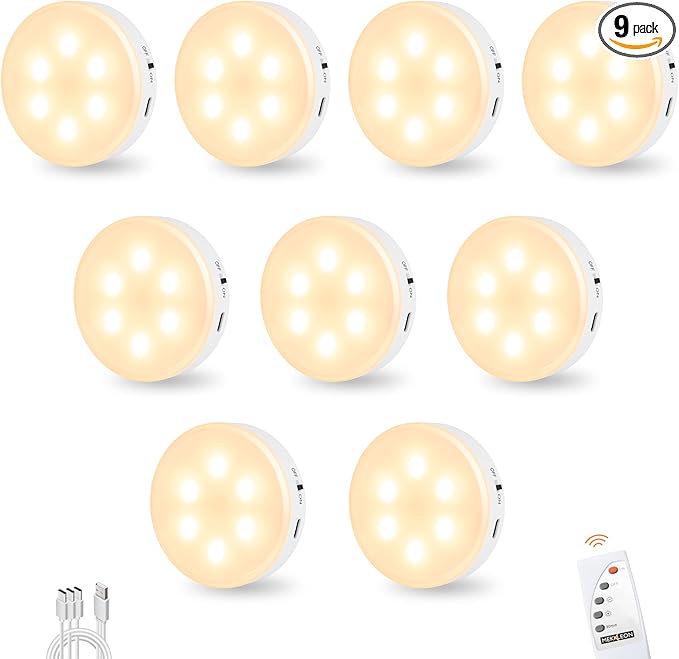 Puck Lights with Remote Control, Under Cabinet Lighting with Magnetic and Cordless, 1200mAh Rechargeable Closet Lights Stick On Lights for Under Cabinet,Hallway, Stairway,Closet （Warm White,9pcs)
