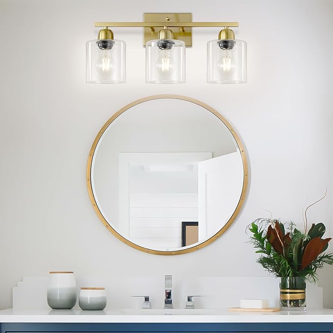 Modern Brushed Gold 3 Light Bathroom Light Fixtures, 19 inch Vanity Lights for Bathroom with Clear Glass for Mirror Kitchen Living Room Hallway Cabinet Porch