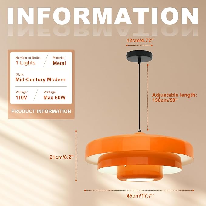 Mid Century Modern Orange Pendant Light, 17.7" Large 3-Layer Metal Shade Flush Mount Chandelier for Kitchen Island, Dining Room, Bar, Vintage Farmhouse Ceiling Light Fixture