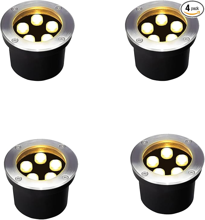 5W Outdoor Ground Lights,High Voltage 110V 120V,Diameter 4.72 inches,Waterproof Landscape Lighting Hardwired,Warm White 3000K,Recessed Underground Lamp for Patio,Pathway,Yard,Well,Pack of 4