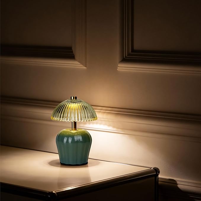 MJ PREMIER Small Cordless Lamp, Battery Operated Lamp with Timer, Mini Crystal Glass Mushroom Lampshade, Cute Small Table Lamps, Decorative Led Light for Bedroom Living Room Shelf (Green)