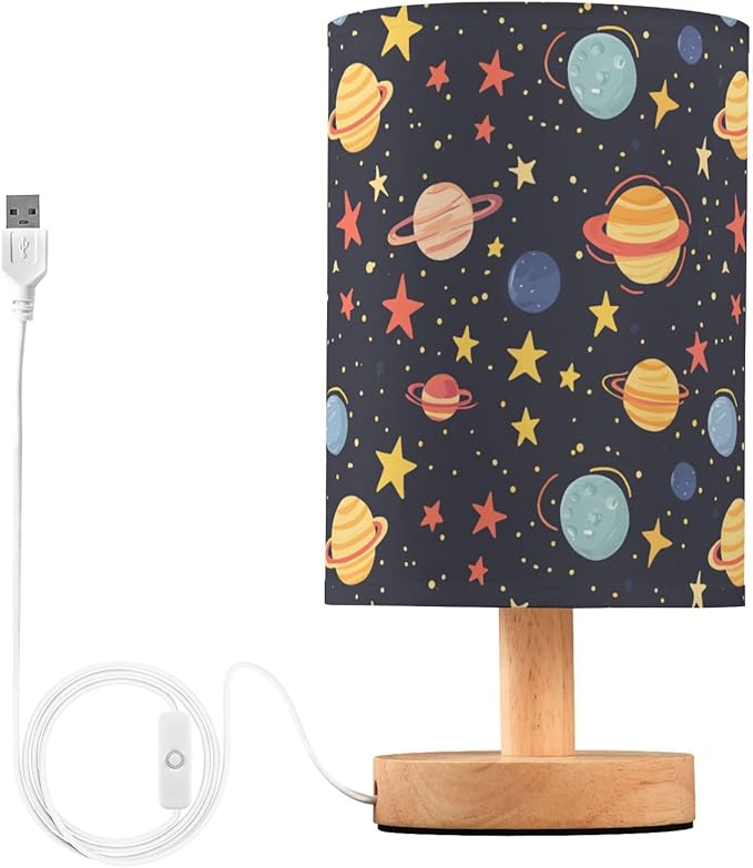 Cute Solar System with Planets Stars Bedside Table Lamps with USB Port for Bedroom Lamp Small Nightstand Lamp Sturdy Linen Shade Wooden Base Decorative Lamps for Kids Reading Dorm Home