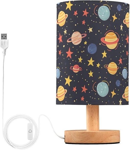 Cute Solar System with Planets Stars Bedside Table Lamps with USB Port for Bedroom Lamp Small Nightstand Lamp Sturdy Linen Shade Wooden Base Decorative Lamps for Kids Reading Dorm Home