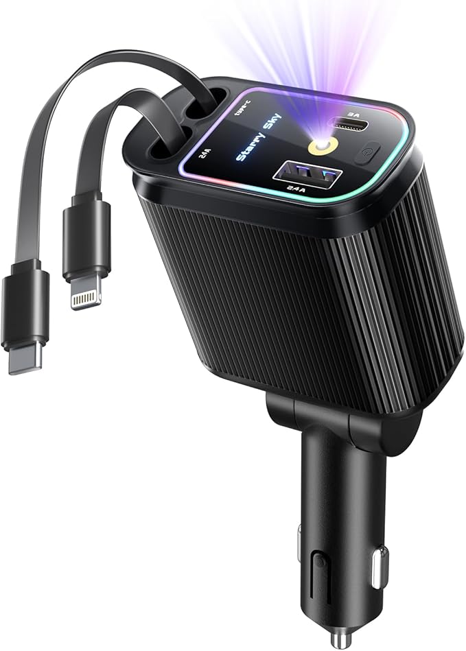 Starlight Retractable Car Charger with Retractable Cables, Starlight in Car Roof 4 in 1 Super Fast USB C Car Phone Charger, 2 USB Ports Starry Sky Adapter, Compatible with iPhone 17 16 15 14 13 12