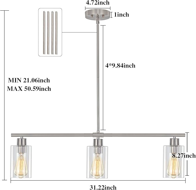ETONIMERR Brushed Nickel Glass Pendant Lighting Over Island 3 Light Modern Kitchen Pendant Light with Glass Shade Industrial Linear Pendant Lighting for Kitchen Island