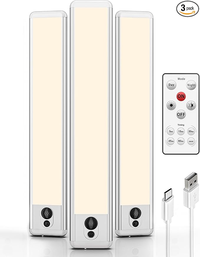 EZVALO Under Cabinet Lights, LED Closet Lights Wireless USB Charging, Motion Sensor Lighting Indoor 3500K Dimmable with Remote Control (Warm) 3 Pack