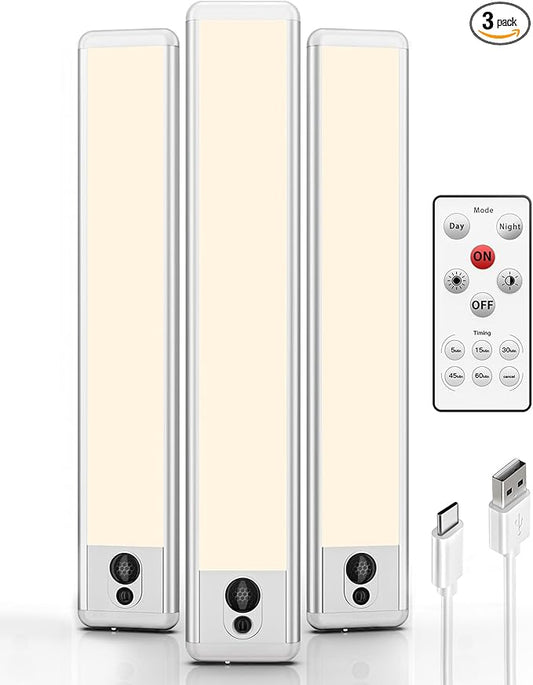 EZVALO Under Cabinet Lights, LED Closet Lights Wireless USB Charging, Motion Sensor Lighting Indoor 3500K Dimmable with Remote Control (Warm) 3 Pack
