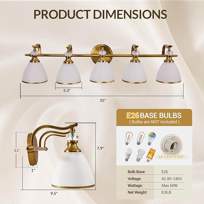 ANDY STAR Gold Bathroom Light Fixture, 5-Light Bathroom Wall Sconces, 35 inch Brass Vanity Light with Milky White Frosted Glass Shade, Large Vintage Wall Lights for Spacious Rooms