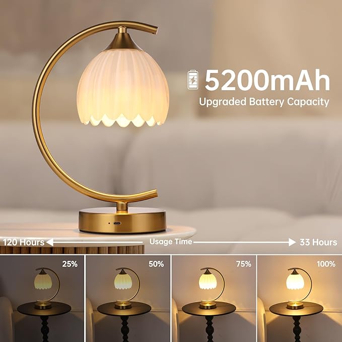 Tulip Table Lamp, 5200mAh Cordless Touch Control Table Lamp with 3 Color Temps & Stepless Dimming, Rechargeable Battery Table Lamp for Living Room, Bedroom, Office, Shelf (White Tulip)