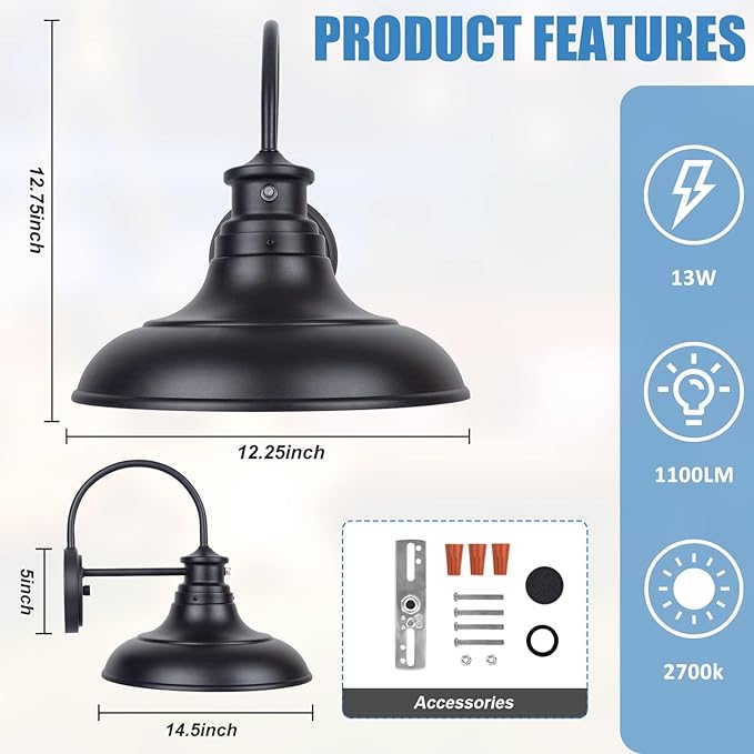Dusk to Dawn LED Outdoor Barn Lights - 2 Packs Farmhouse Gooseneck Exterior Light Fixture Wall Mount, 12.25" Large Black Porch Lights, Outside Wall Lights for House Garage Patio Doorway