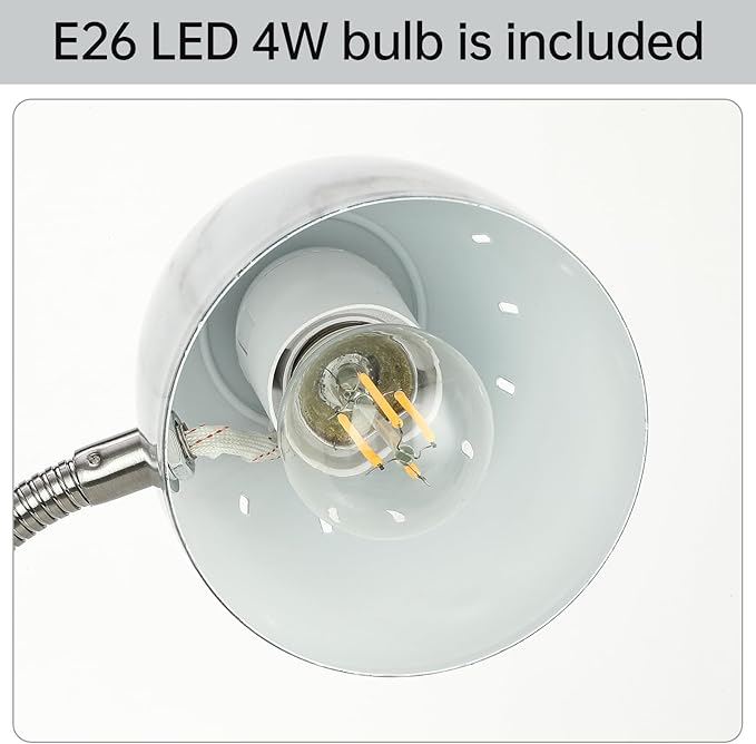 Eye-Caring Marble Table Lamp of Simple Designs Home E26Led Screw Basic Metal Desk Lamp with Flexible Gooseneck Hose Neck Study Lamp for Bedroom Office Living Room Convenient On/Off Switch