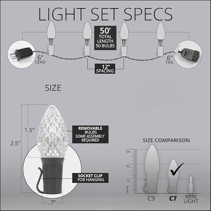 50 ft C7 OptiCore LED Multicolor Outdoor Christmas Lights - Commercial Grade for Party, Patio, Bedroom - Green Wire (50 Lights)