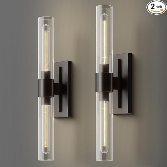 Brass Wall Sconces Set of 2, Bathroom Sconces Wall Lighting, Black Sconces Wall Lighting with Clear Glass Wall Lamp,Wall Mount Lamps Wall Lights for Vanity Light Bedroom Living Room Hallway