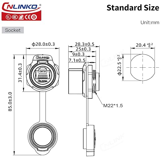 CNLINKO LP-20 RJ45 Panel Mount Socket, CAT6 Ethernet Connector RJ45 Single-Hole Socket IP68 M20 Waterproof Connector (Black RJ45 Single-Hole Socket)