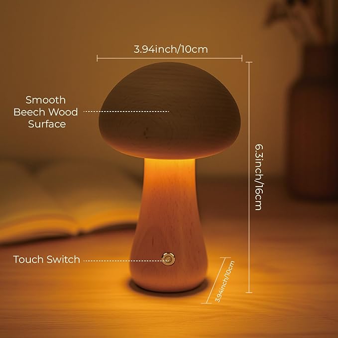 Mushroom Lamp, Rechargeable Touch Control Mushroom Night Light, Portable Dimmable Wooden Lamp for Kids Room, Bedroom, 6.3" H