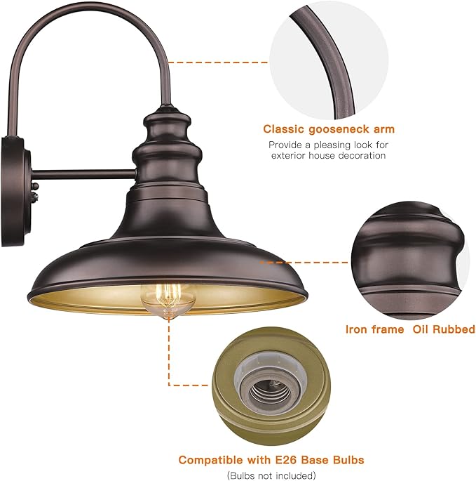 Dusk to Dawn Sensor Outdoor Barn Light Fixture Outdoor Wall Sconce Farmhouse Wall Mount Lights Exterior Gooseneck Light Fixture Bronze Finish Industrial Wall Lantern for Porch, Entryways, 1 Pack