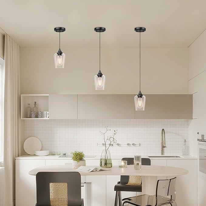 Ralbay Matte Black Industrial Pendant Light 3-Pack, Pendant Light Fixtures with Wine Clear Glass Shade, Adjustable Height for Kitchen Island, Farmhouse Dining Room Hanging Lighting Fixture