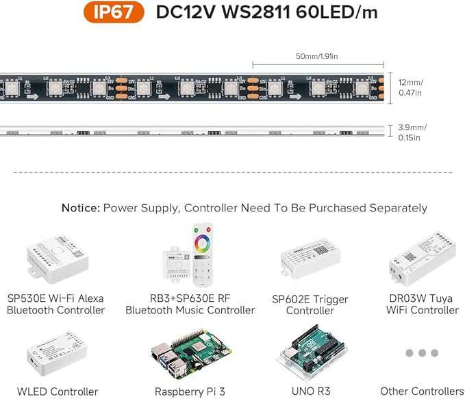 BTF-LIGHTING WS2811 IC=RGB+IC Addressable Dream Color LED Strip 16.4FT 60LEDs/m 20Pixels/m IP67 Waterproof Black PCB Flexible DC12V Chasing Effect for Home Indoor Decor(No Adapter or Controller)