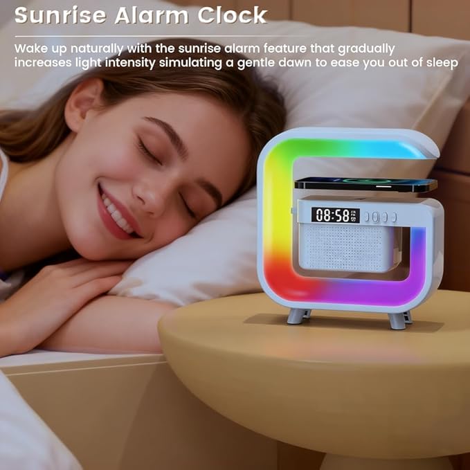 Smart LED Table Lamp, Wireless Charger with 10W Fast Charging and Sunrise Alarm Clock, Bluetooth Speaker Lamp for Bedroom, Office, and Living Room Ambiance