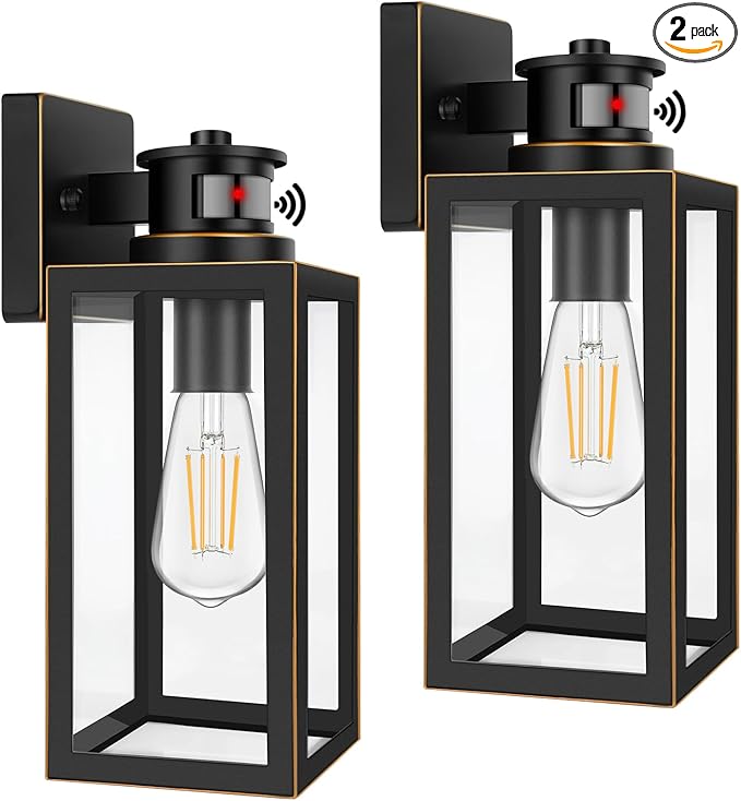 2-Pack Motion Sensor Outdoor Wall Lights, Waterproof Dusk to Dawn Exterior Wall Light Fixtures, Oil Rubbed Bronze Outside Porch Lights for House Garage, Motion Sensor Wall Lanterns with Clear Glass