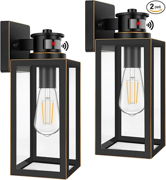 2-Pack Motion Sensor Outdoor Wall Lights, Waterproof Dusk to Dawn Exterior Wall Light Fixtures, Oil Rubbed Bronze Outside Porch Lights for House Garage, Motion Sensor Wall Lanterns with Clear Glass