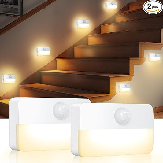 AMIR 2 Pack Mini Motion Sensor Stair Light for Indoor, Battery-Powered LED Night Light, 40 Lumen 3000K, Cordless Closet Lights, Safe Lights for Stairs, Hallway, Bathroom, Kitchen, Cabinet