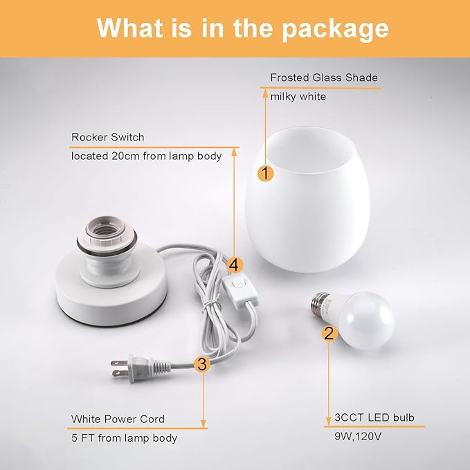 Small LED Table Lamp for Bedroom, 2 Sets Glass Desk Light, 3CCT Bulb Included White