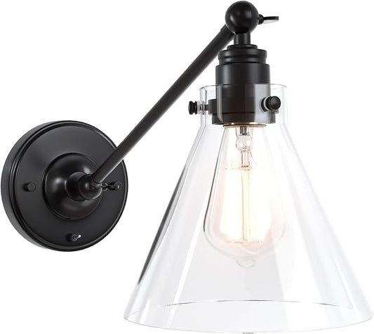 Industrial Vintage Slope Pole Wall Mount Single Sconce with Funnel Flared Clear Glass Shade, Swing Arm Wall Sconce Light Lamp Fixture Hardwired